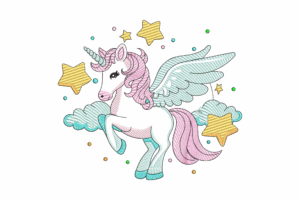 Cute Flying Unicorn with Stars and Clouds Embroidery Design