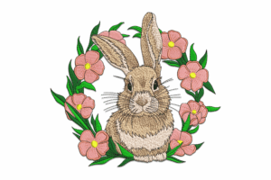 Cute Rabbit with Pink Flowers Wreath Embroidery Design