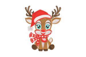 Cute Reindeer with Santa Hat Embroidery Design