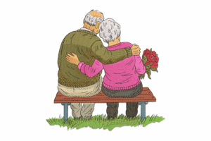 Elderly Couple on Bench Embroidery Design