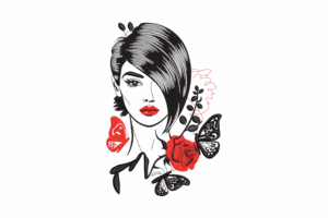 Elegant Woman with Rose and Butterflies Embroidery Design