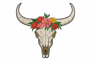 Floral Bull Skull Embroidery Design