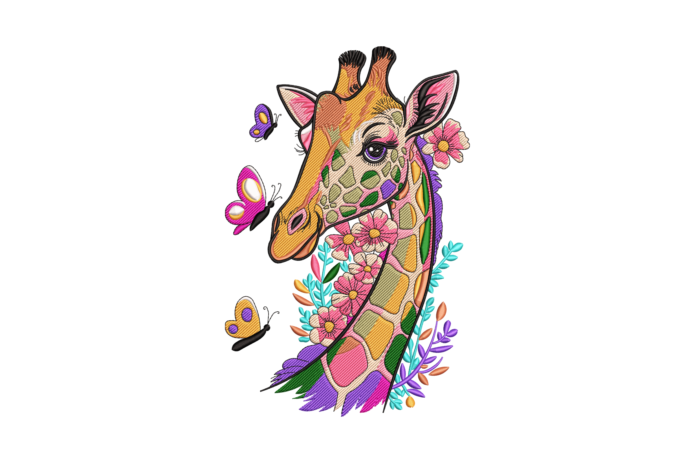 Floral Giraffe with Butterflies Embroidery Design