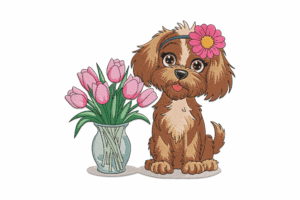 Flower Puppy with Tulips Embroidery Design