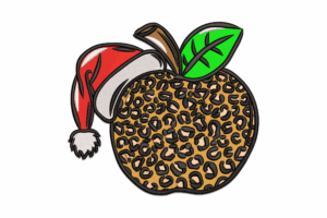Leopard Print Apple with Santa Hat Embroidery Design