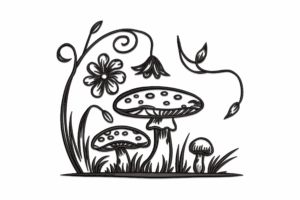 Mushroom and Flowers Line Art Embroidery Design