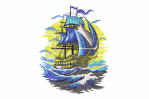 Nautical Tall Ship with Ocean Waves Embroidery Design