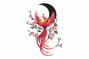 Phoenix Bird with Crescent Moon Embroidery Design