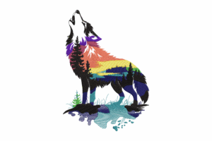 Rainbow Howling Wolf Embroidery Design