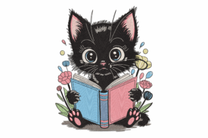 Reading Cat Embroidery Design