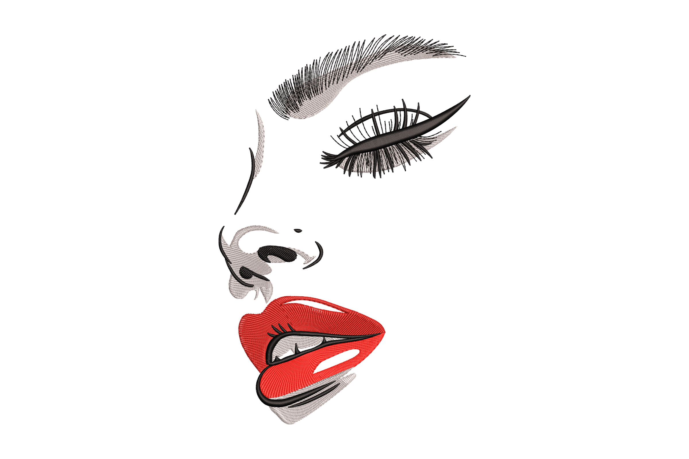 Red Lips and Closed Eye Embroidery Design