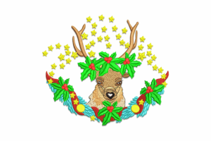 Reindeer Head with Holly Wreath Embroidery Design