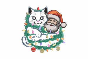 Santa and Cat Wrapped in Christmas Lights Embroidery Design