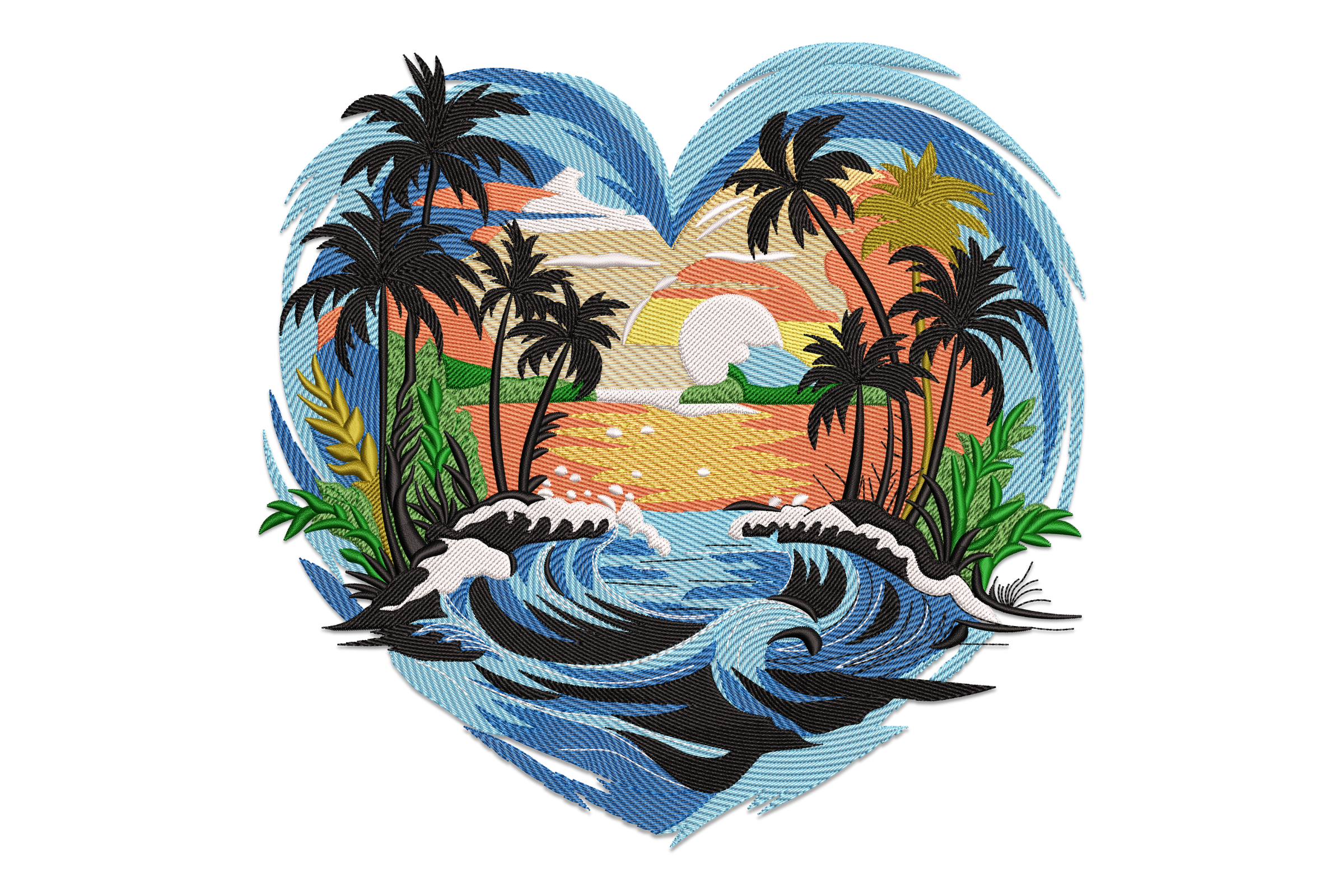 Tropical Sunset Heart Embroidery Design