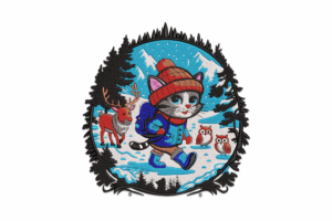 Winter Cat Hiking Scene Embroidery Design