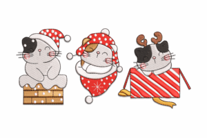 Christmas Kitties in Santa Hats and Gifts Embroidery Design