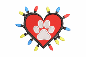 Heart Paw Print with Christmas Lights Embroidery Design