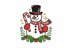 Snowman with Candy Cane and Holly Embroidery Design