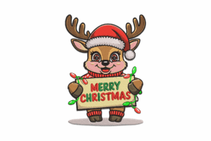 Reindeer Holding Merry Christmas Sign Embroidery Design