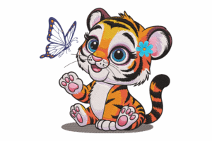 Adorable Baby Tiger with Butterfly Embroidery Design