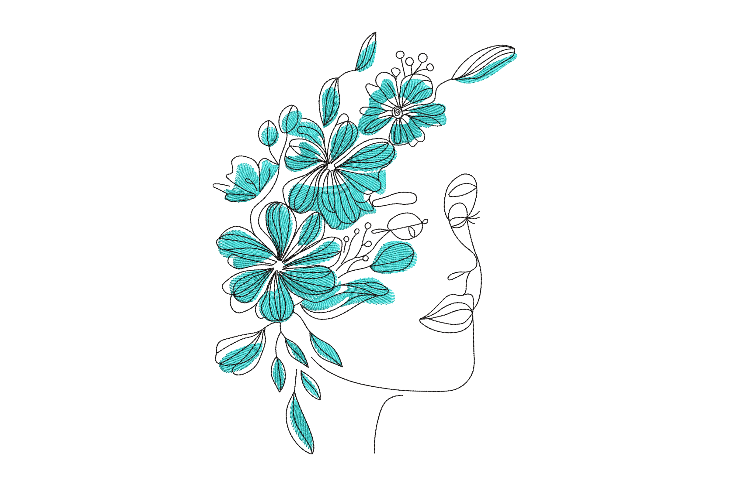 Aqua Flowers Woman Face Embroidery Design 1 Aqua Flowers Woman Face Embroidery Design