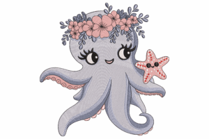 Baby Octopus with Starfish Embroidery Design