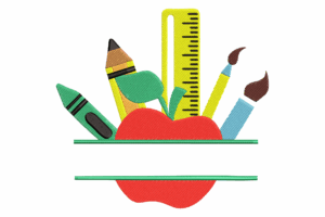 Back to School Apple & Supplies Embroidery Design