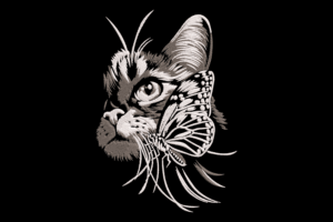 Black & White Cat Face with Butterfly Embroidery Design