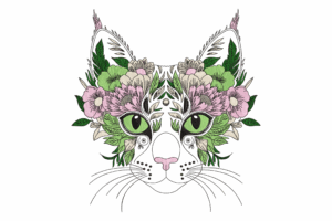 Botanical Cat with Green Eyes Embroidery Design