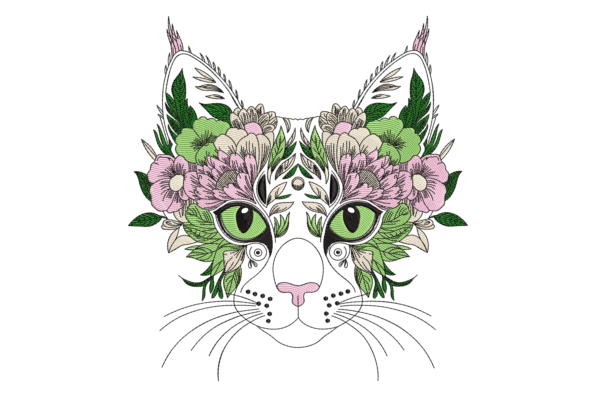 Botanical Cat with Green Eyes Embroidery Design