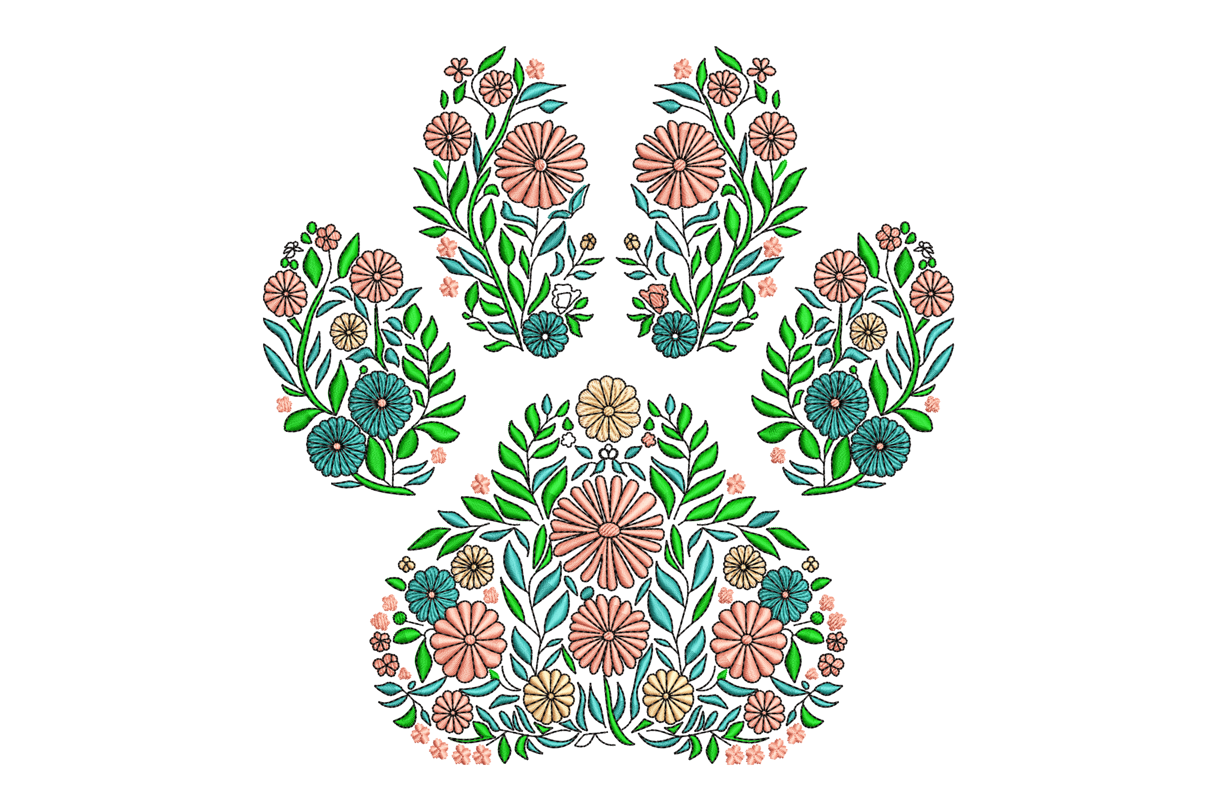Botanical Pet Paw Embroidery Design