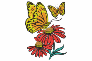 Butterflies on Red Flowers Embroidery Design