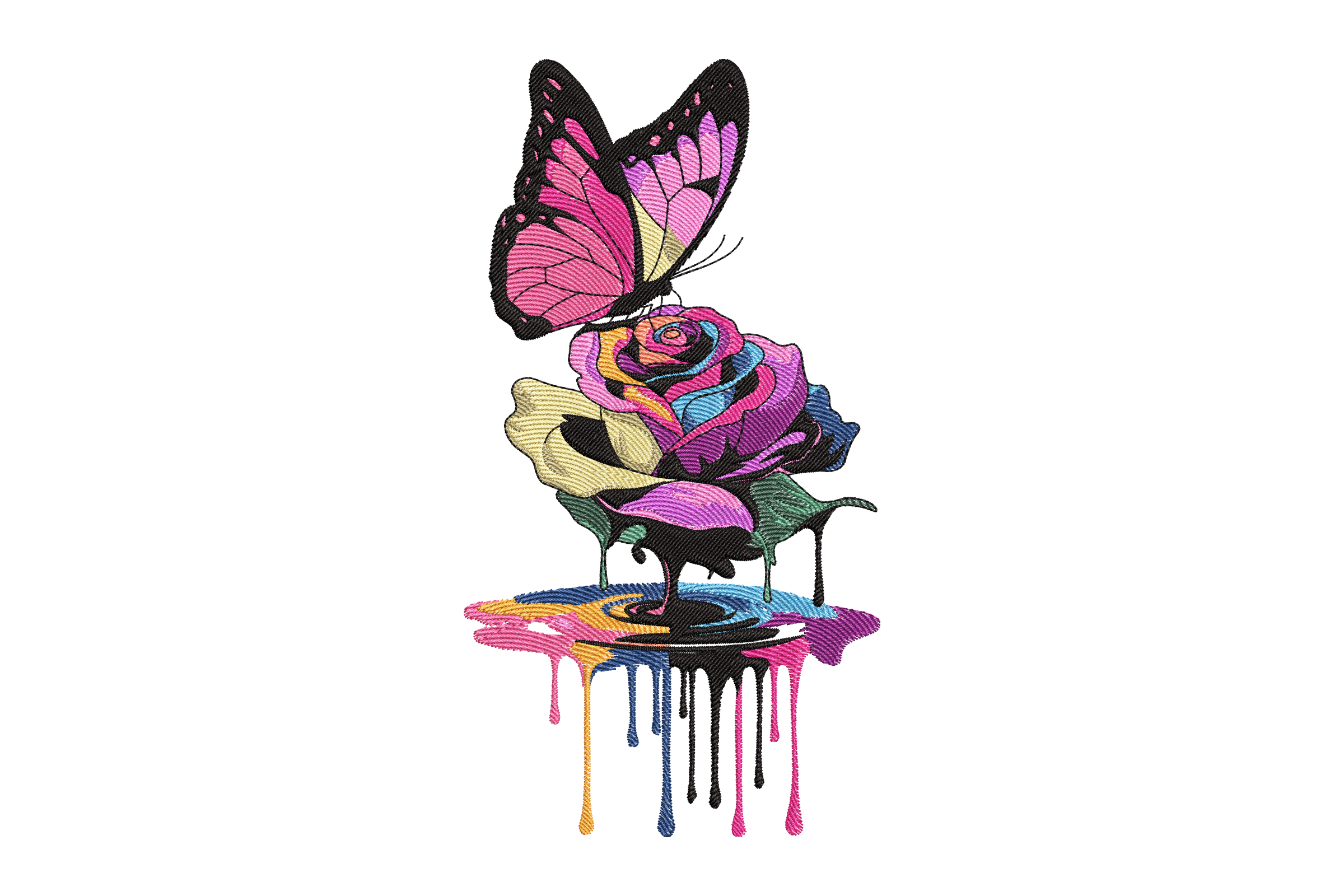 Butterfly on Rainbow Rose Embroidery Design