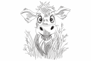 Cartoon Cow in Grass Embroidery Design