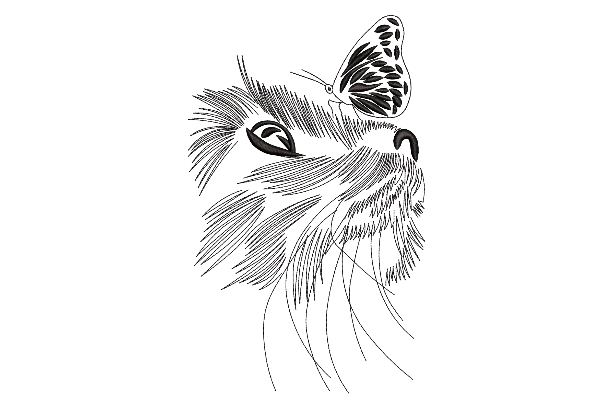 Cat with Butterfly Line Art Embroidery Design