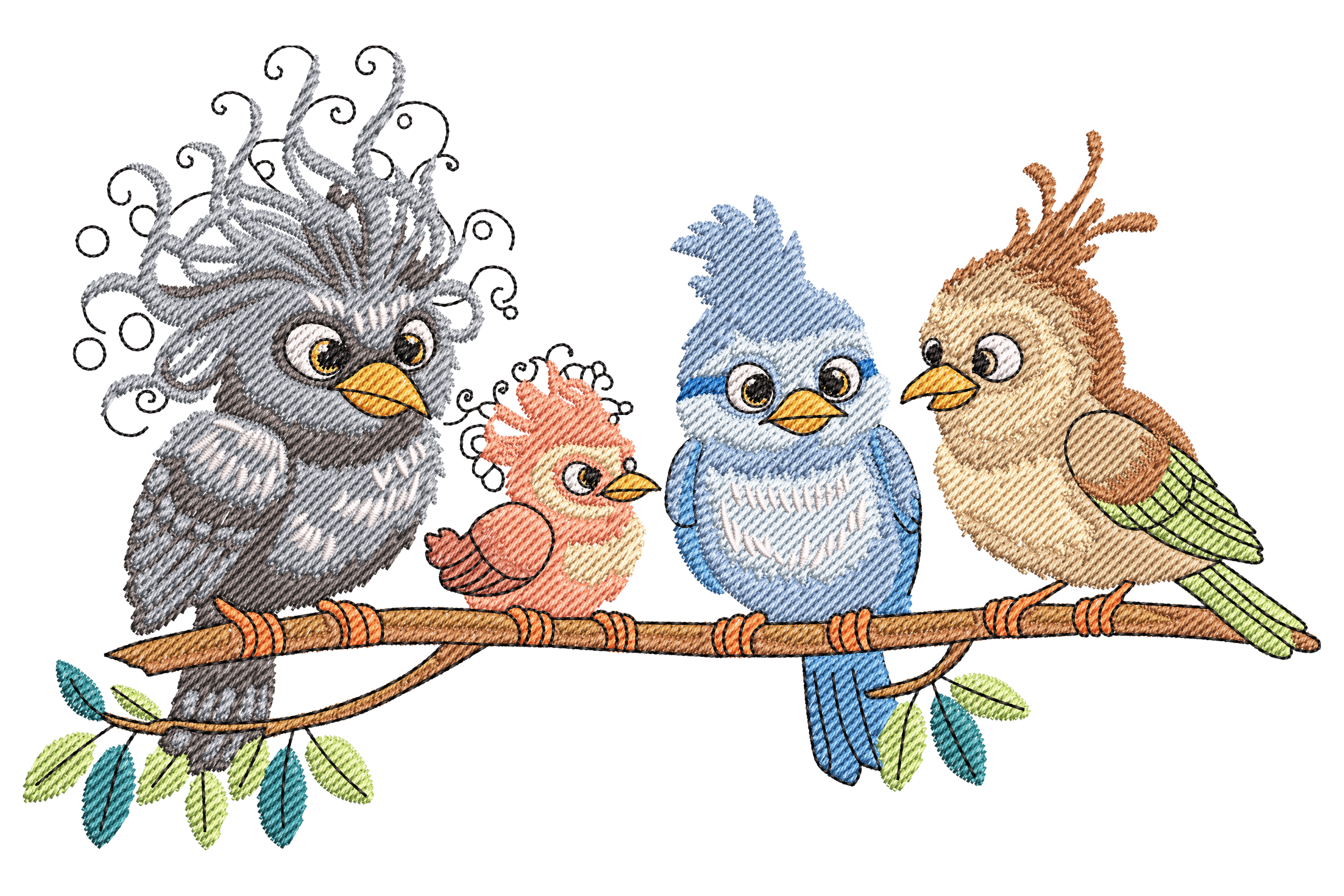 Charming Cartoon Birds on a Branch Embroidery Design