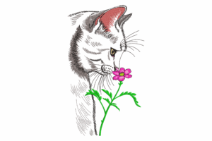 Curious Cat with Flower Embroidery Design