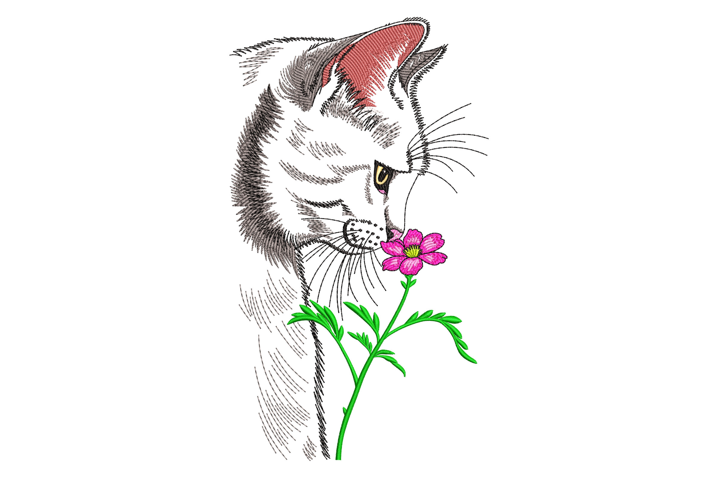 Curious Cat with Flower Embroidery Design