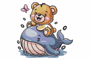 Cute Bear Riding Whale Embroidery Design