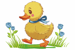 Cute Duckling with Blue Bow Embroidery Design