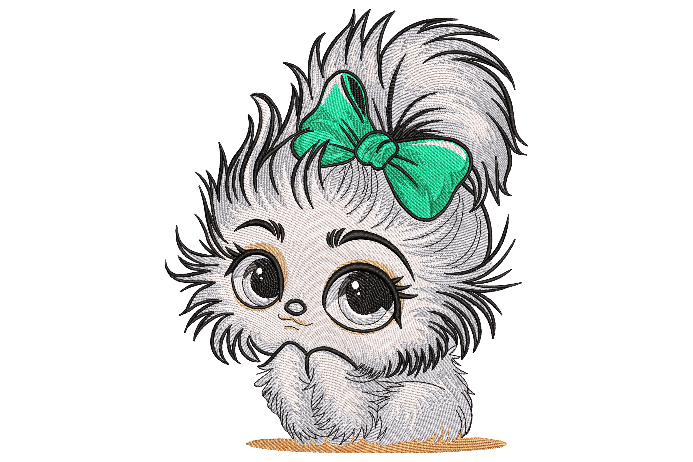 Cute Fluffy Puppy with Green Bow Embroidery Design