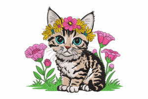 Cute Kitten with Flower Crown Embroidery Design