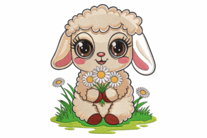 Cute Lamb Holding Flowers Embroidery Design