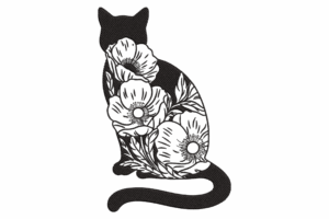 Elegant Floral Cat Silhouette Embroidery Design
