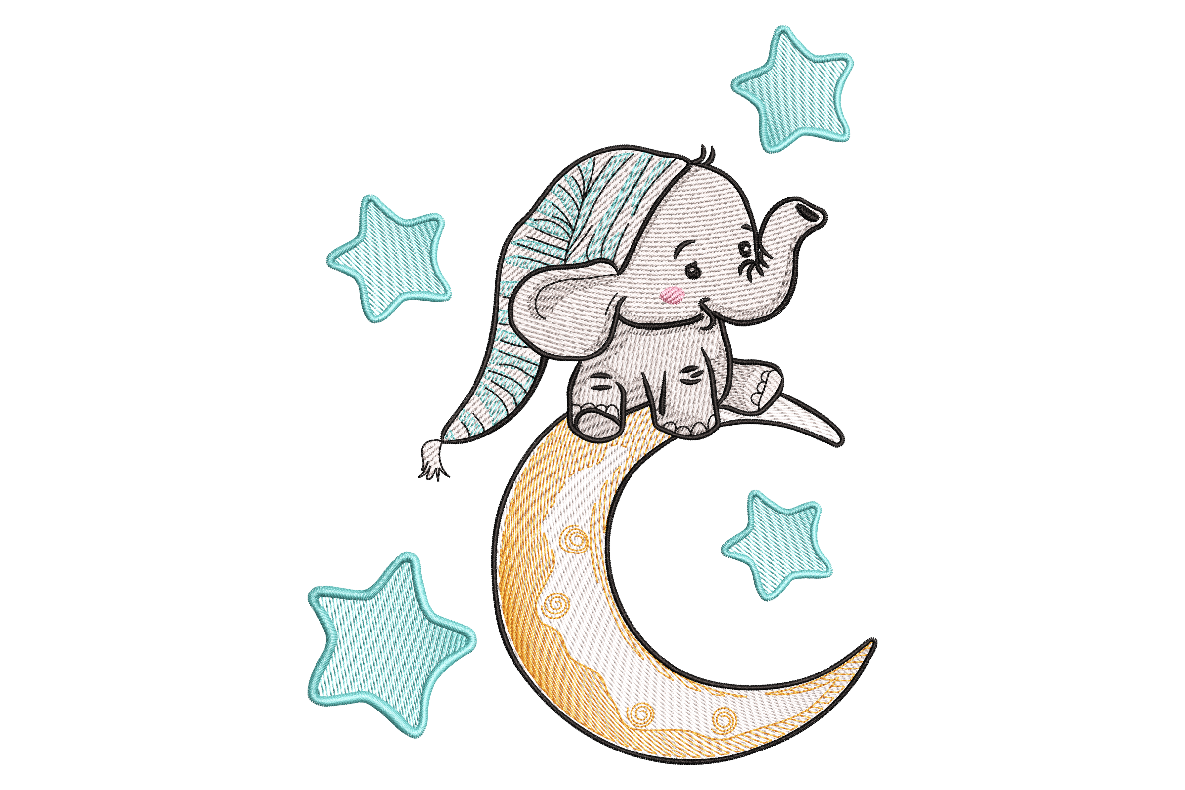 Elephant on Moon Embroidery Design