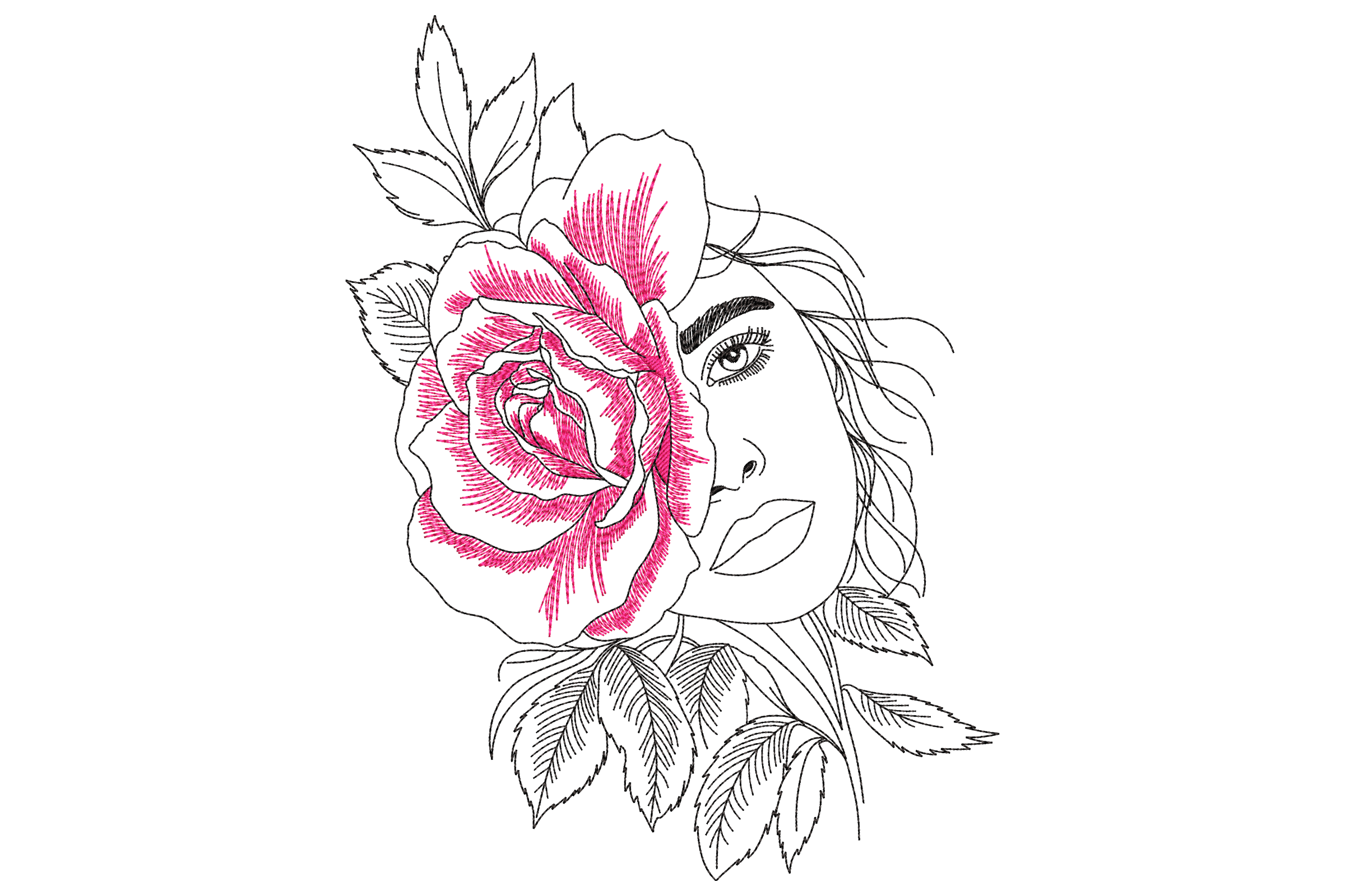 Feminine Face with Floral Embroidery Design