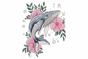 Floral Whale Embroidery Design