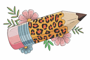 Leopard Print Pencil with Flowers Embroidery Design