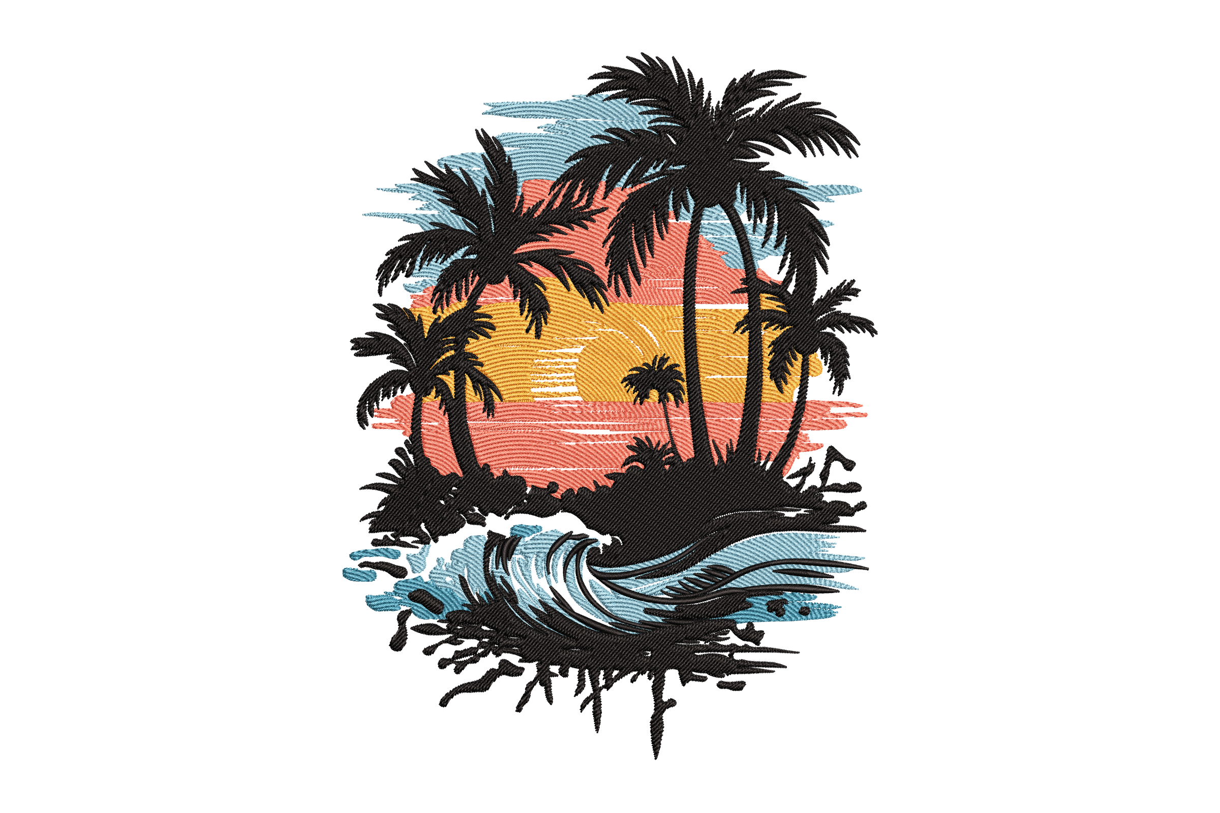 Palm Tree Sunset Wave Embroidery Design