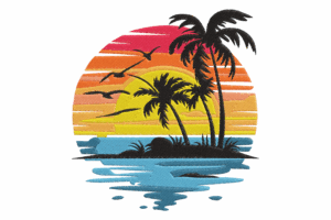 Palm Trees, Birds & Ocean in Sunset Glow Embroidery Design